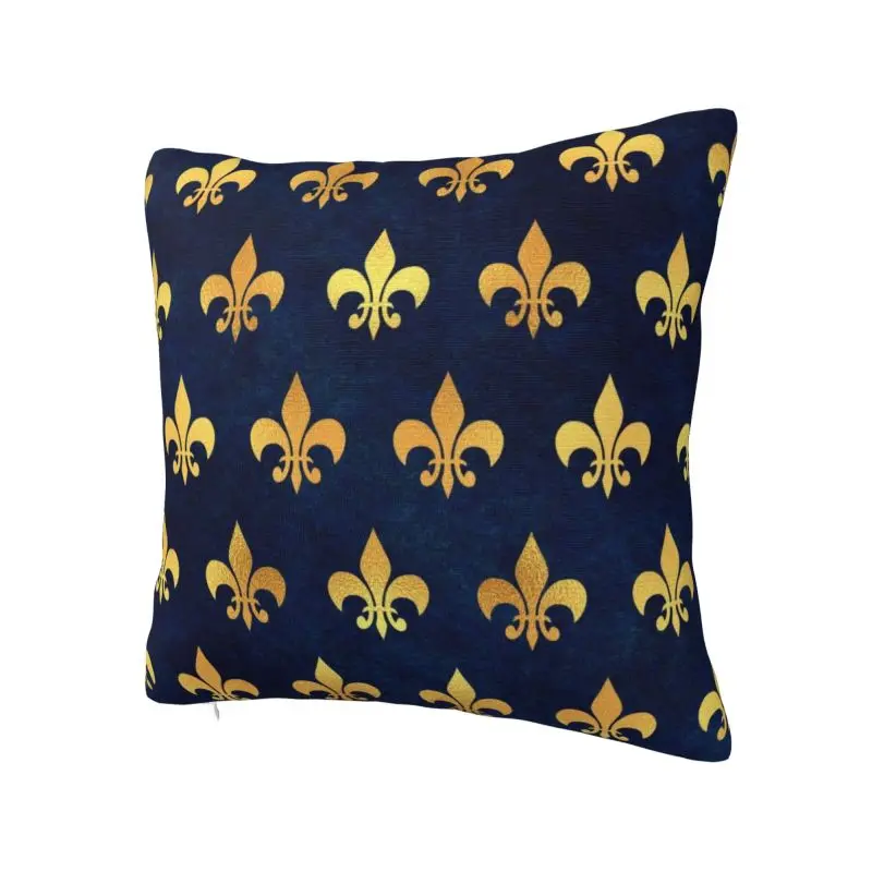 Custom Modern Royal Gold Blue Grunge Fleur De Lis Cushion Cover Velvet Lily Flower Pillow Case Bedroom Decoration