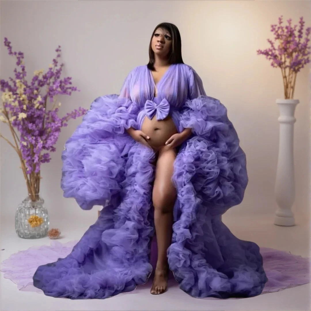 

Сексуальное фиолетовое платье для беременных для фотосессий, с V-образным вырезом, длинными рукавами, из фатина, для выпускного вечера, на заказ