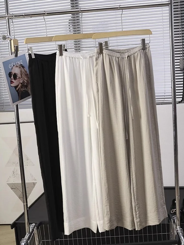 Pantaloni Casual in Misto Lino a Vita Alta, Gamba Larga, Elastico in Vita con Cordoncino, Taglio Dritto, Comodi e Ampi per Donna
