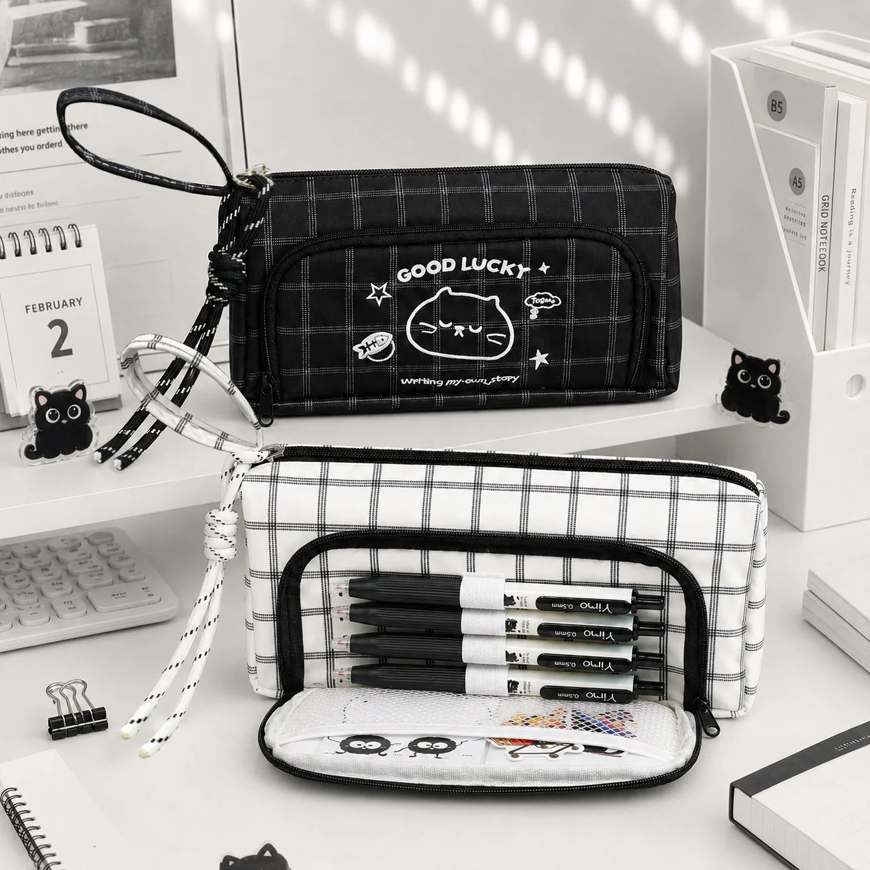 Plaid Pencil Case Large Capacity Multi Compartment Pen Bag with Front Pocket Pen Slots Wrist Strap Cute Stationery Organizer for
