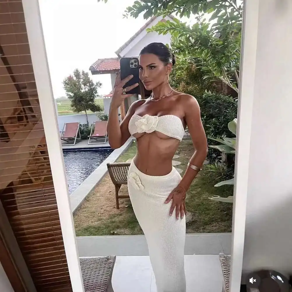 Ensemble de jupes pour femmes, sans bretelles, tricoté, fleur creuse, taille haute, pour femmes, ensemble de vacances à la plage