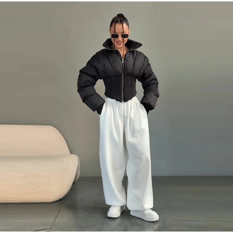 Fashion Solid Padded Coats Women's Stand Collar Full Sleeve Zipper Waist-cinching Warm Jacket 2026 Winter New Lady Outerwear