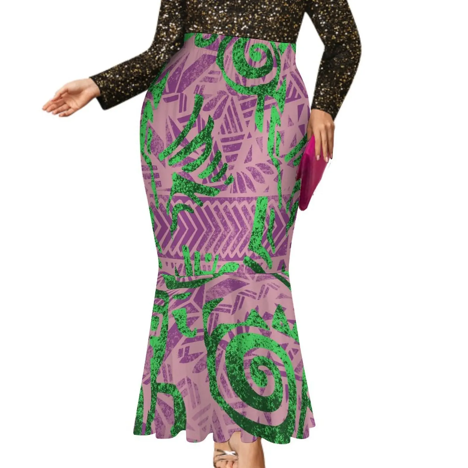 

Floral Print Ladies Elegant Body-Hugging Skirt Fashion Floor-Length Dress Celebrating Ball Fishtail Skirt Polynesian Art Print