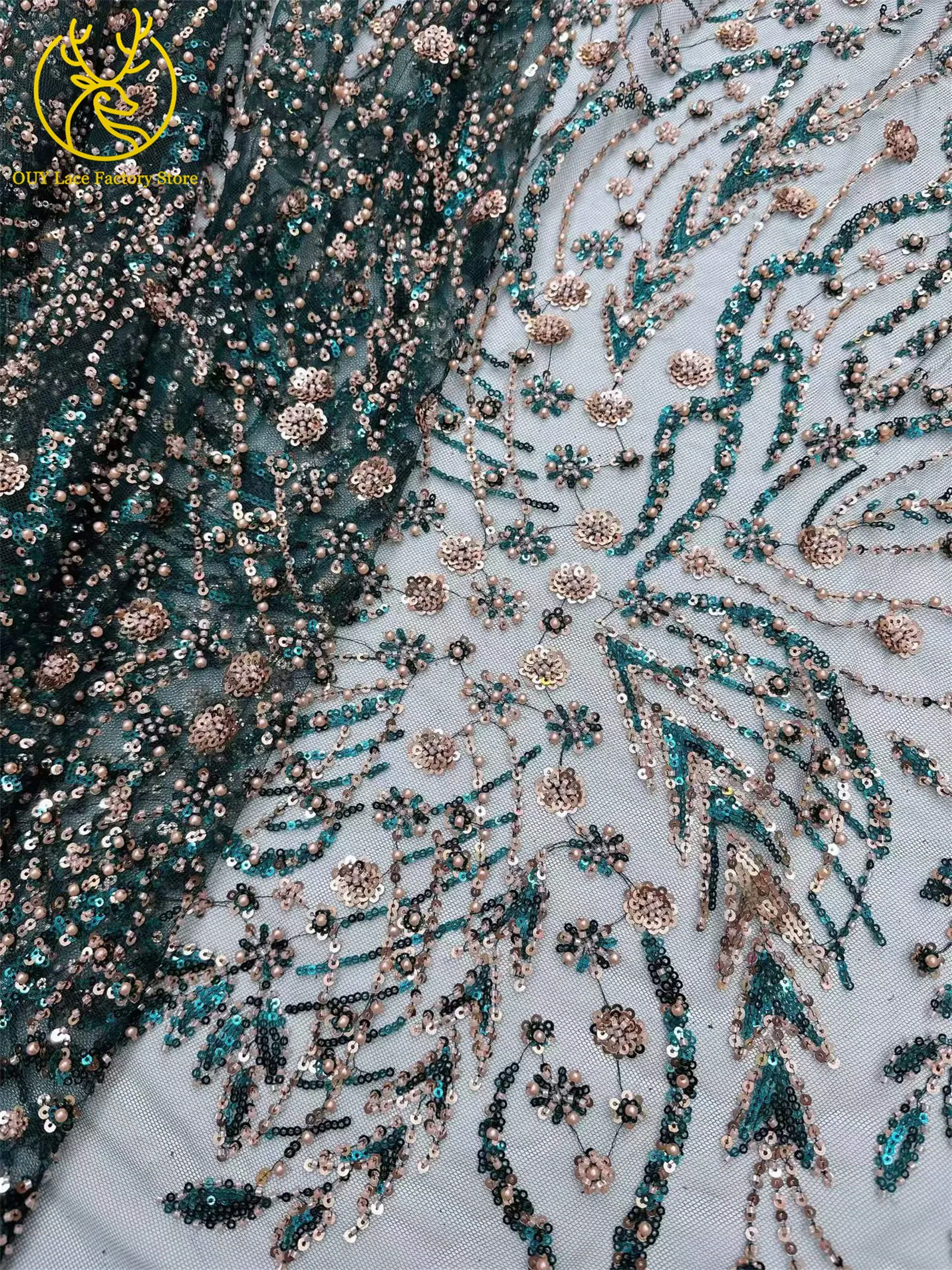Afrikanischer Spitzenstoff, 5 Yards, hochwertiger nigerianischer Spitzenstoff mit Perlen und Pailletten, französische Tüllspitze zum Nähen von Hochzeits- und Partykleidern – Detail 9