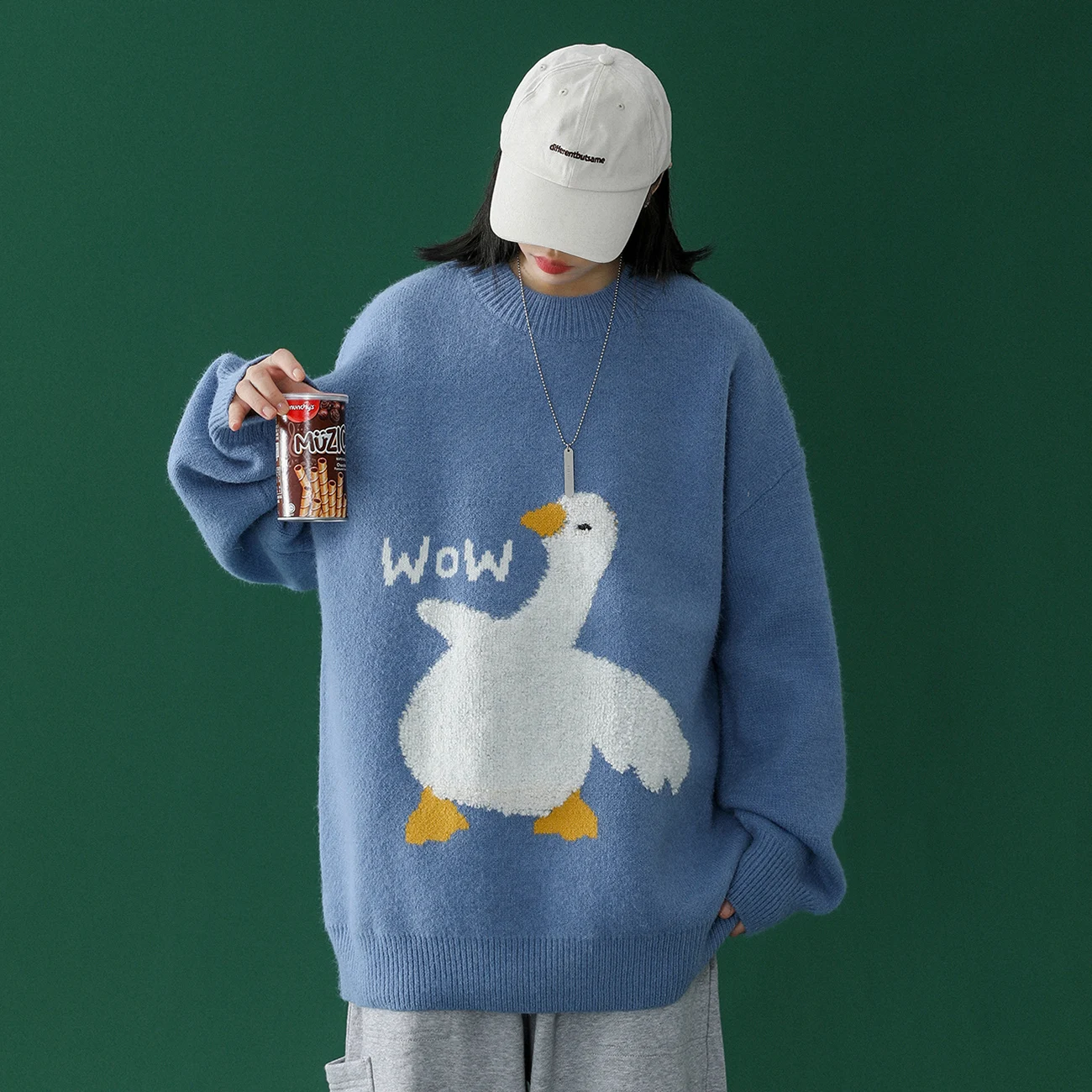 Hip Hop Harajuku Knitted Sweater Men 2021 Autumn Cartoon Duck Wow Print Sweater Oversize Streetwear Loose Pullover Men Clothing