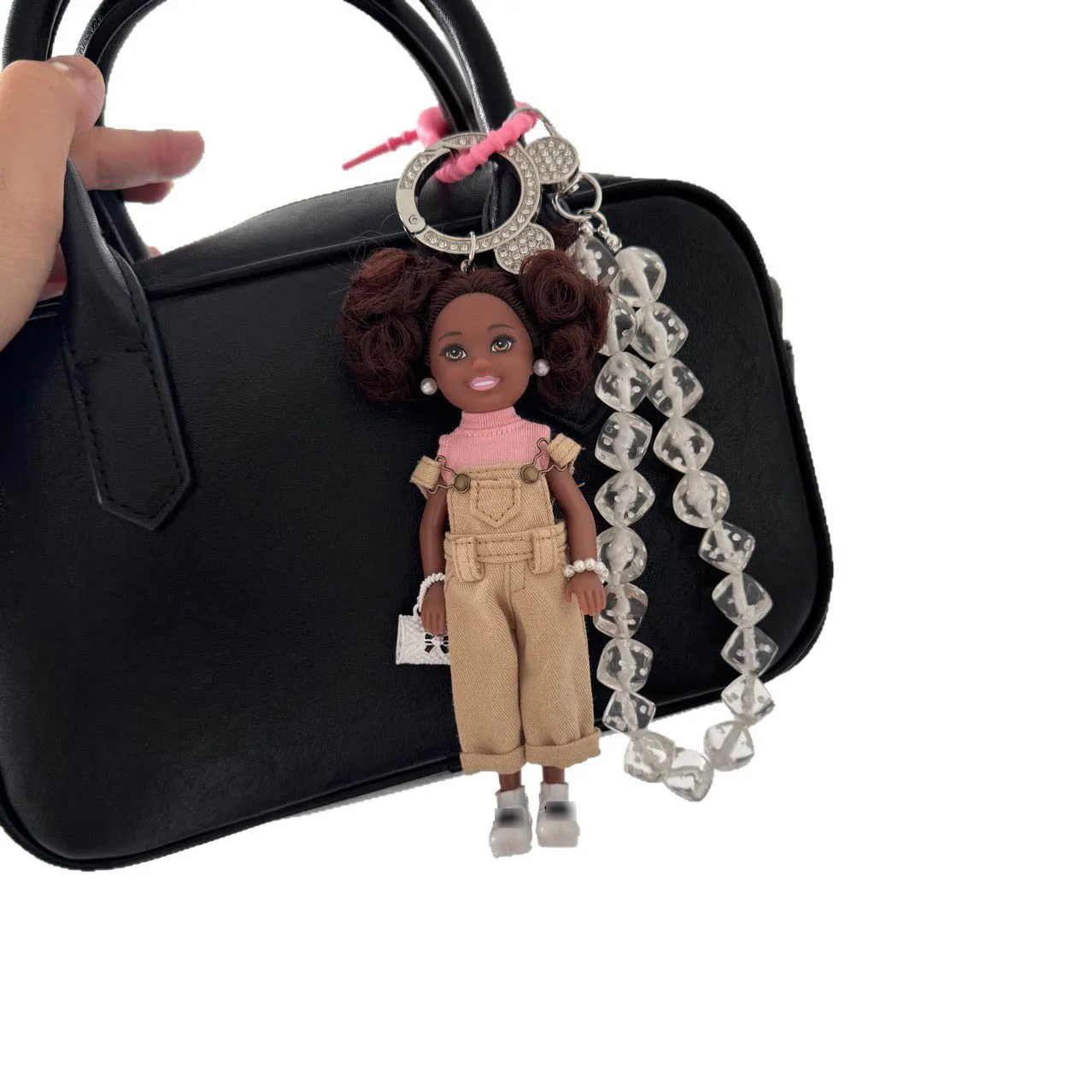 النسخة الكورية الحلو التوابل فتاة دمية على شكل أميرة المفاتيح موضة الدنيم بانت مطرز الأفريقي الأسود الجلد دمية حقيبة أنيقة ديكور المفاتيح #5