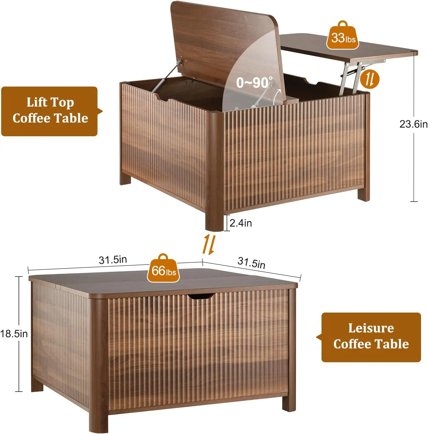 طاولة قهوة من خشب الجوز مقاس 31.5 بوصة - طاولة مركزية مربعة لغرفة المعيشة مع مساحة تخزين مخفية كبيرة وأرفف قابلة للتعديل #2