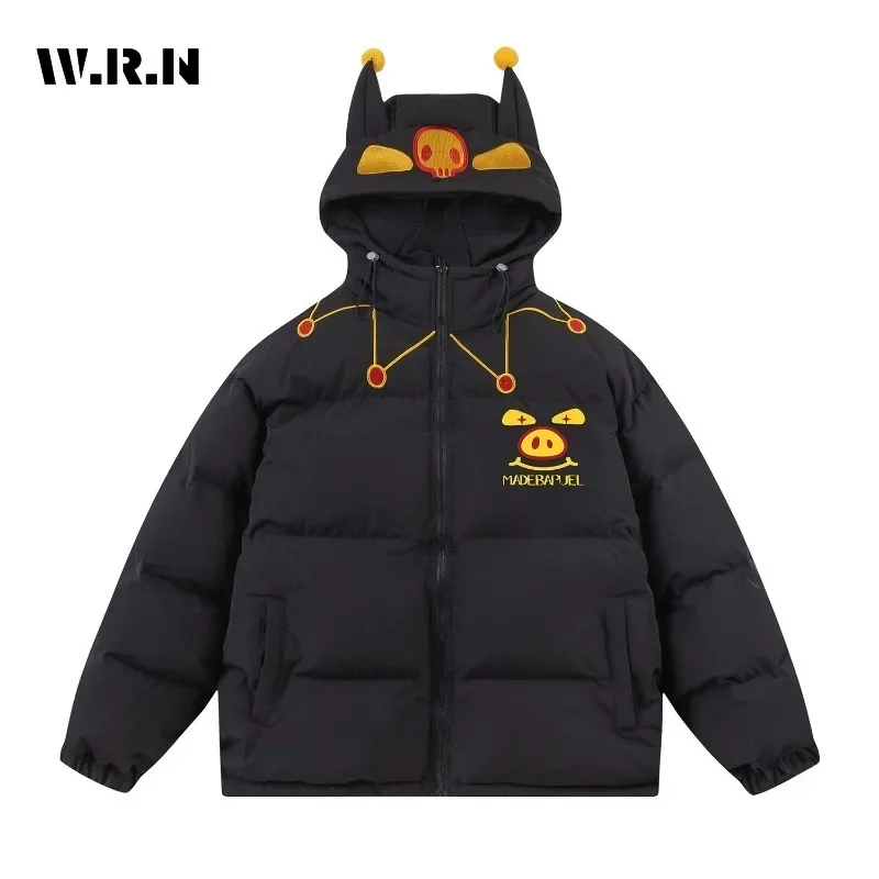 2024 Winter Korean Casual Y2K Single Parkas Print Zipper Jacket with horns For Women Outerwear Fashion Warm Thick Hooded Coat