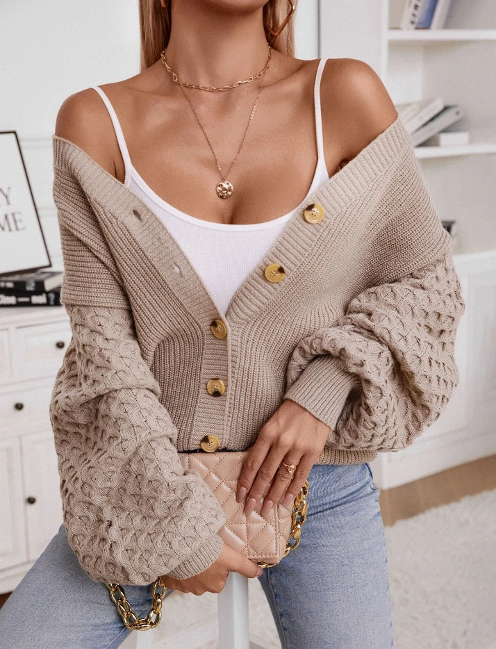 Luie Damesjas 2024 Herfst Winter Nieuwste Retro Losse Trui Met Lange Mouwen Open Voorkant Lantaarnmouw Cardigan Top