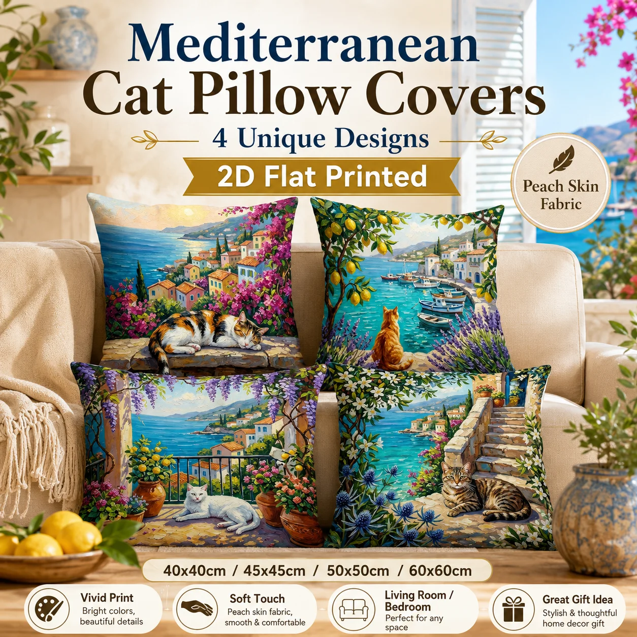 Mediterranean Cat Cushion Cover 2D Flat Printed Peach Skin Pillowcase Coastal Village Scenery Decorative for Sofa Living Room