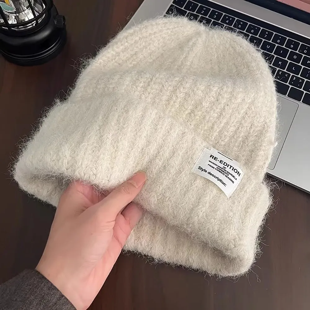 Solid Color Winter Beanie Letter Label Knitting Pullover Hat Wool Material Keep Warm Wool Knitting Hat Women's Fashion