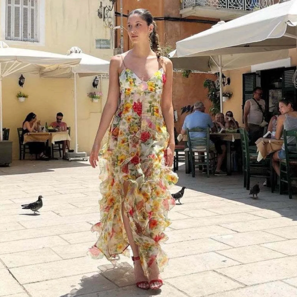 Vestido de verão estampado respirável sem costas vestidos longos femininos alças espaguete vestido de festa moda praia roupas de moda
