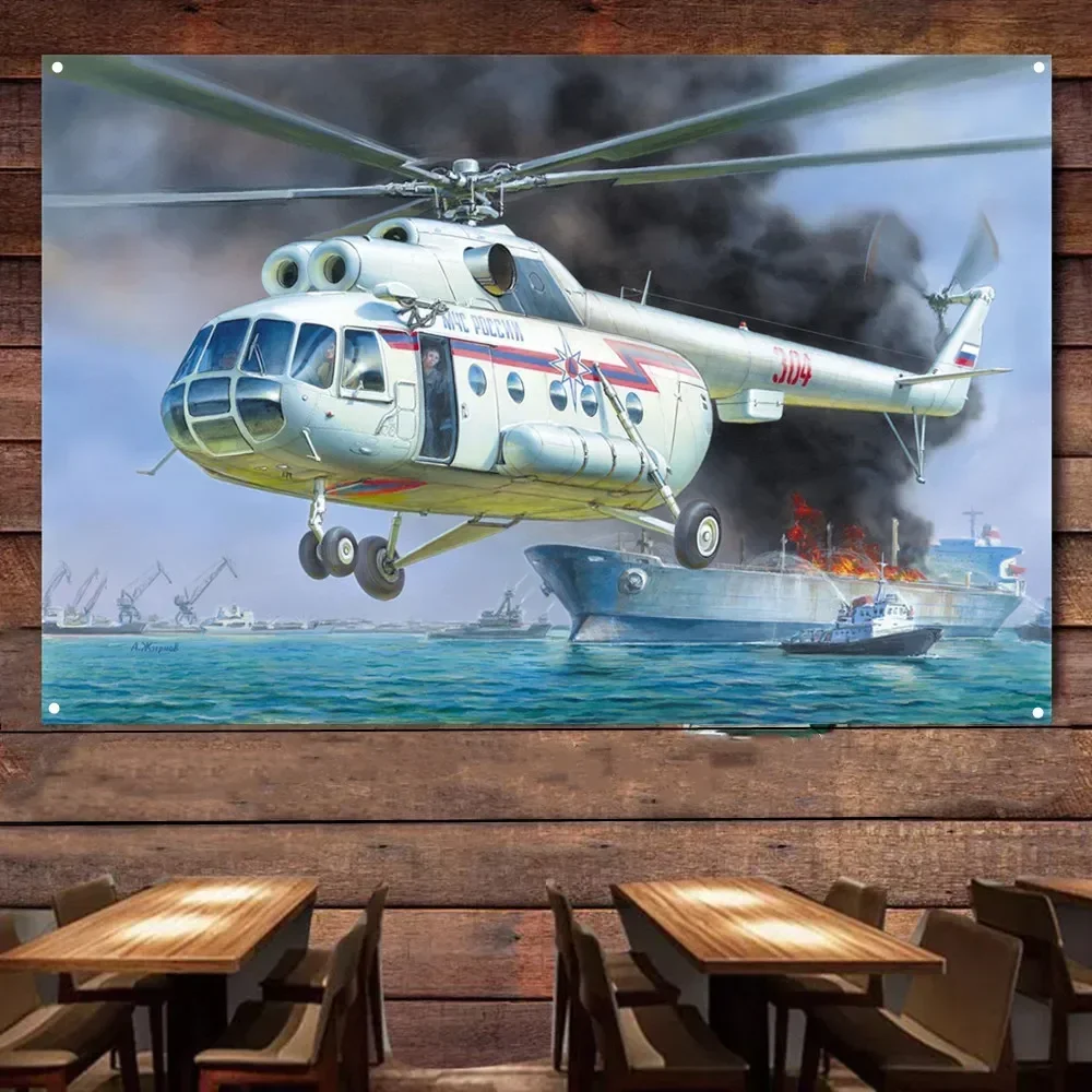 Soviet Mi-8 Transport Helicopter Poster Wall Hanging Flag Air Force Banner Canvas Painting Tapestry For Room & Office Wall Decor