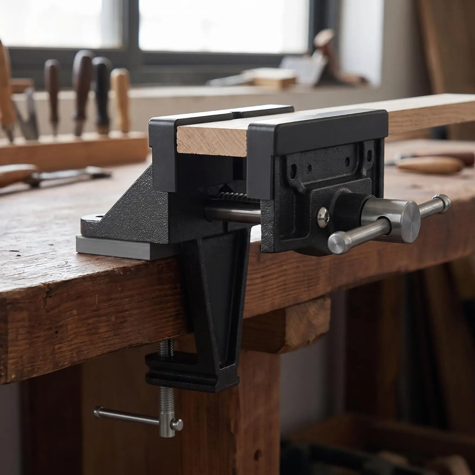 Professional Bench Vise Cast Iron Construction 155mm Handle Secure Mounting for Workshop