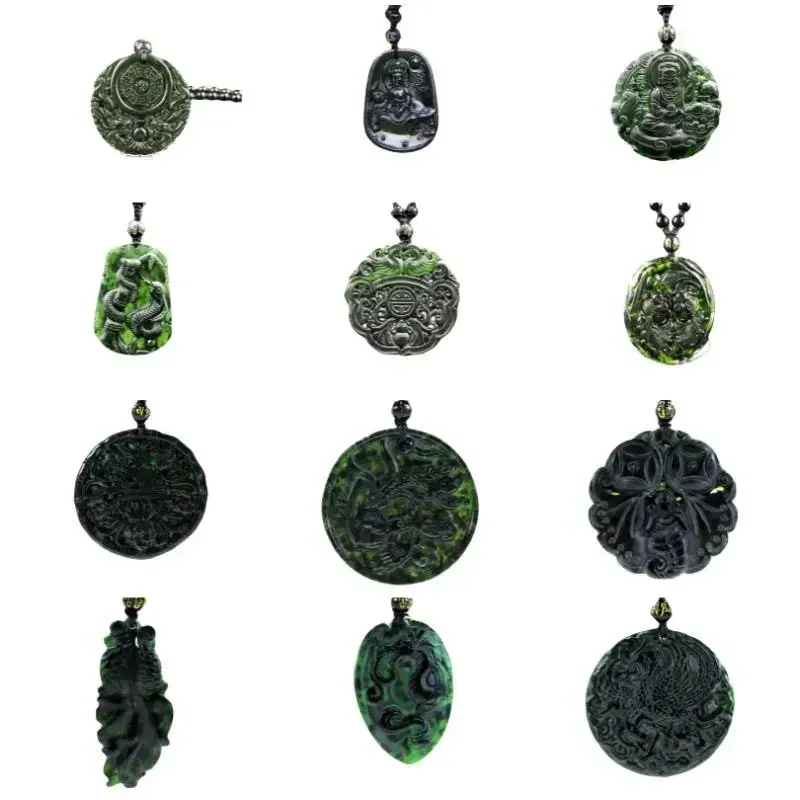 Various Types Chinese Black Green Jade Pendant Natural Obsidian Necklace Charm Jewellery Fashion Amulet Gift Men Women