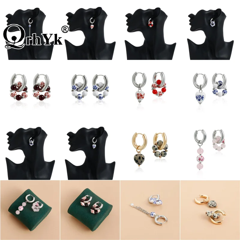 1Pair New Chinese Style Ceramic Pendant Earrings Drop Ear Buckle Hanfu Round Bead Heart-shaped Ear Charm Female Ethnic Jewelry