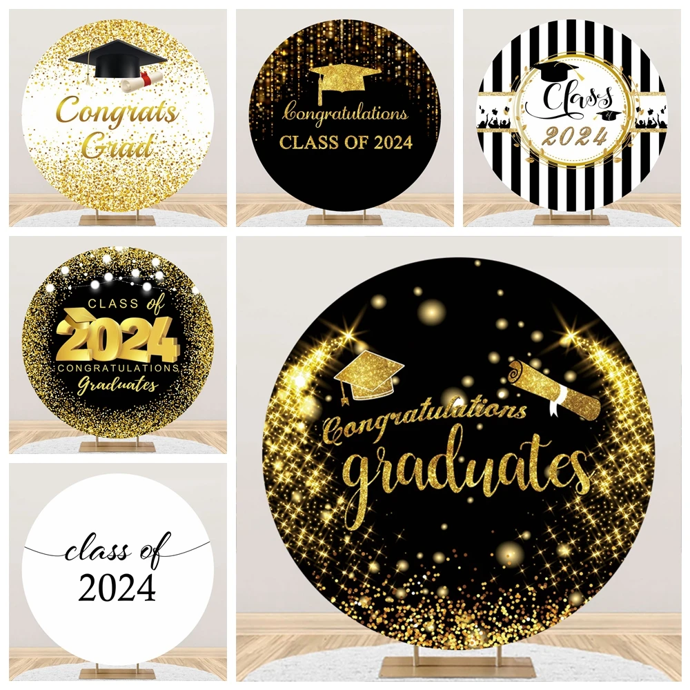 

Class of 2024 Celebrate Graduation Party Round Elasticity Backdrop Grad Bachelor Cap Gold Light Bokeh Photography Background