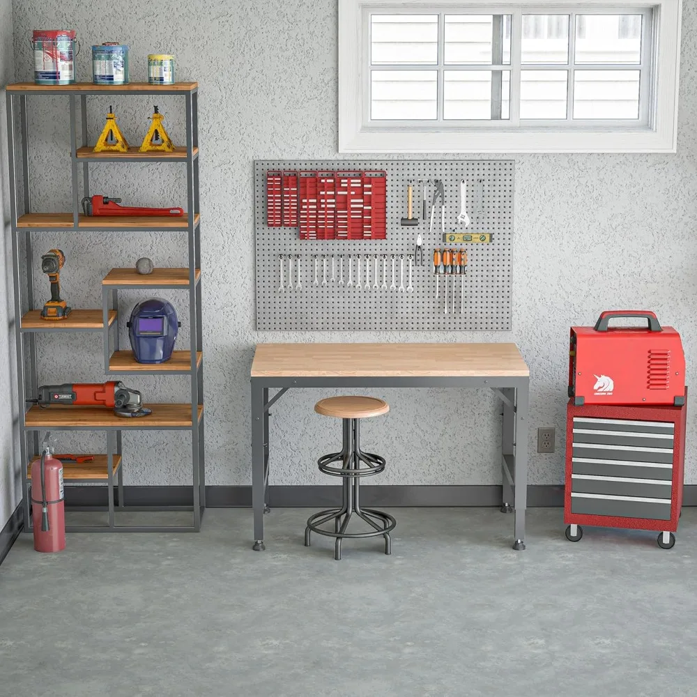 منضدة عمل بإطار معدني قوي مع ارتفاع قابل للتعديل وسطح خشبي واسع لورشة العمل والمكتب والمنزل واستخدام المطاعم