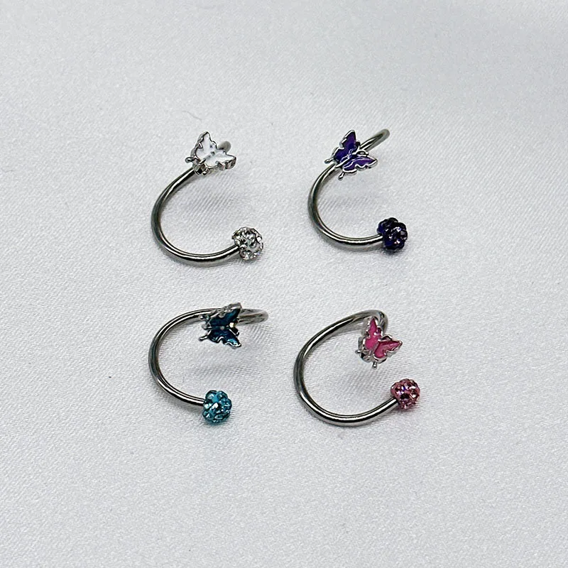 Titanium Steel S shaped 16g Lip Ring Labret Piercing Crystal Rhinestones Butterfly Piercing Helix Earrings Body Jewelry