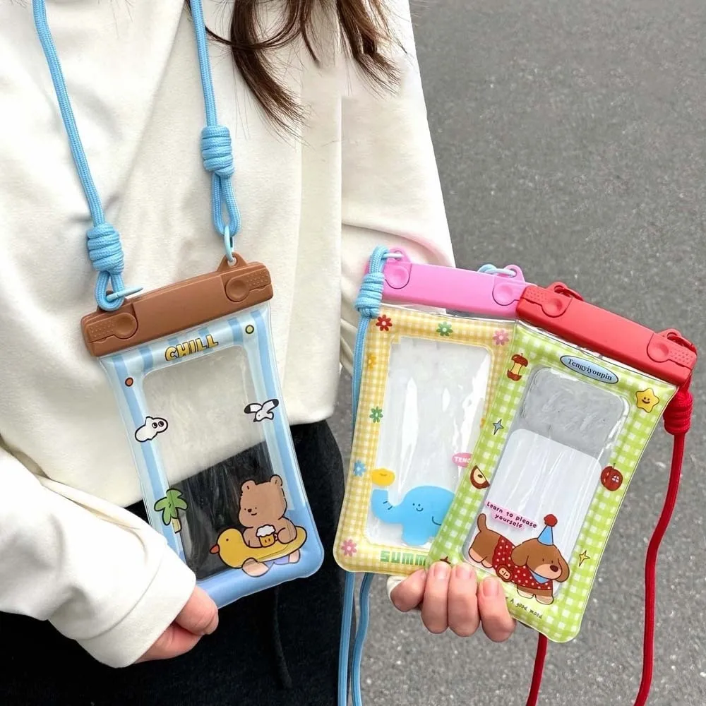 Adjustable Strap Waterproof Phone Pouch Cartoon Animal Printed Lightweight Transparent Hanging Neck Bag Sealed ABS