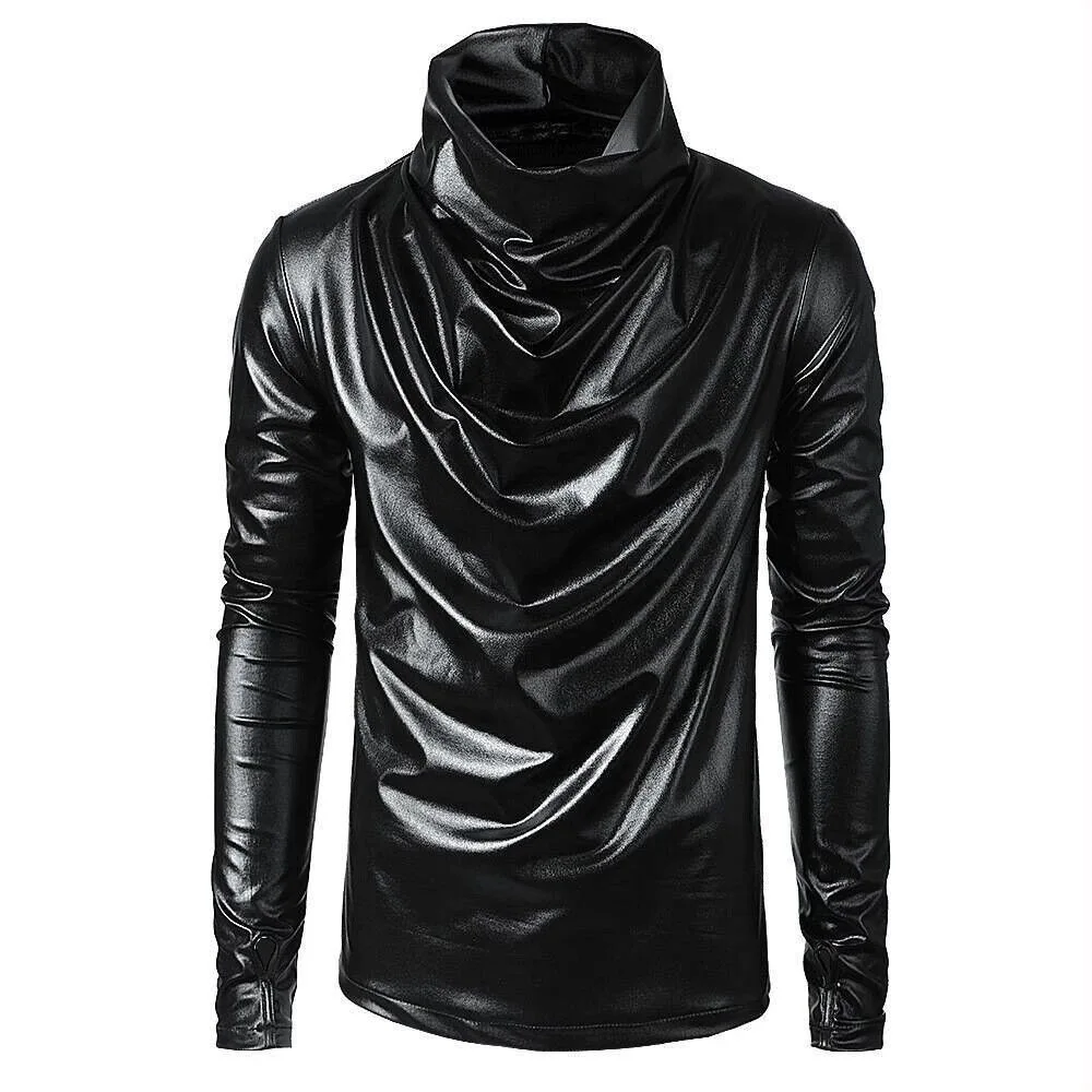 ARENS Men`s Hip Hop Fake Faux Leather Hair Stylist fashion Long Sleeve Turtle Neck Hipster Hiphop Street Style Hoodies For Male