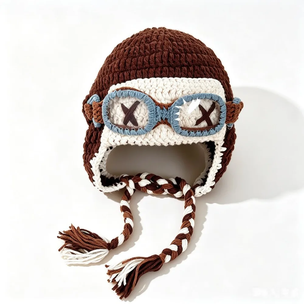 Soft Windproof Winter Pilot Hat With Goggles Color-Blocked Crocheted Knitted Beanie Plush Beanie Lei Feng Hat Women/Men