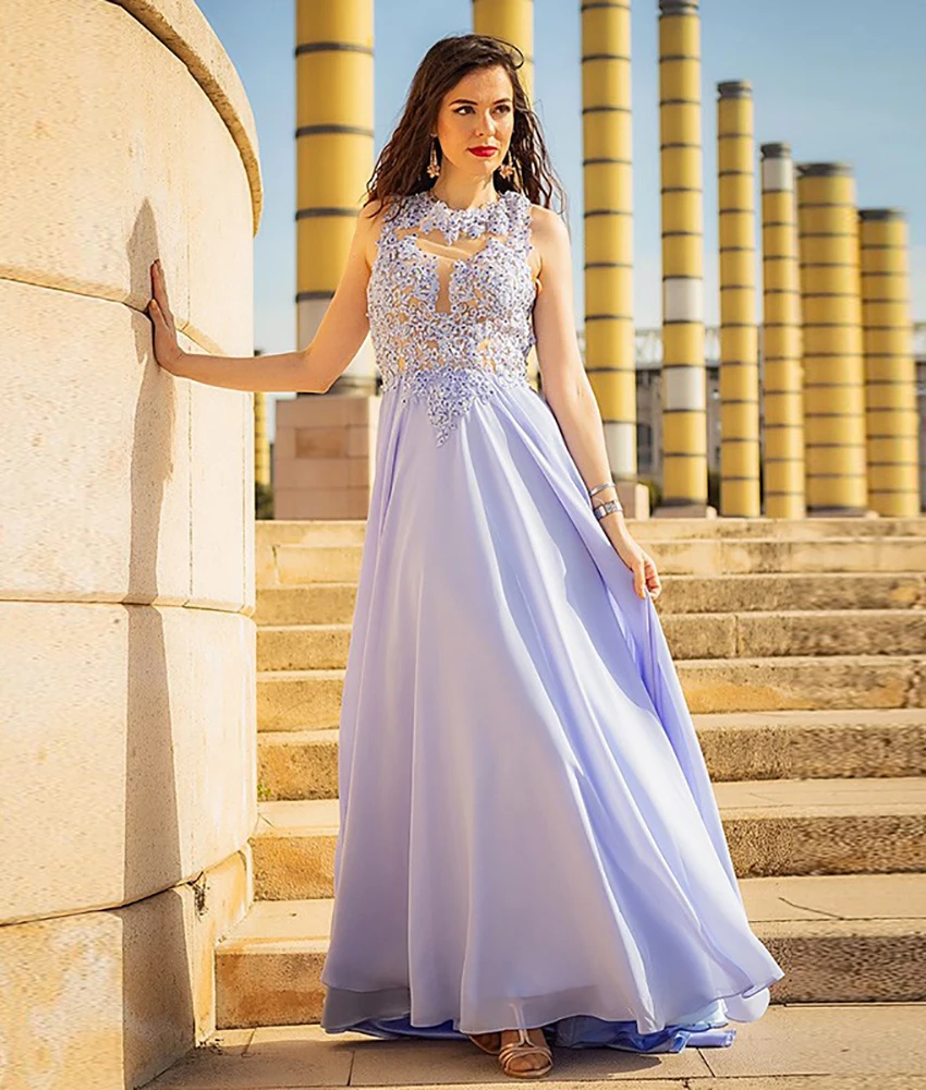 

Customized Graceful Chiffon A-Line Crystal Appliques Evening Dress High Quality O-neck Sleeveless Floor Length prom dresses