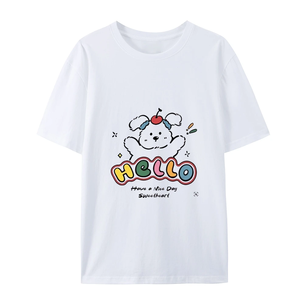 

Casual T - Shirt, Cute Puppy with Cherry & Colorful Graphic, Slogan, Soft Fabric, Perfect for Daily Wear & Lovely Style