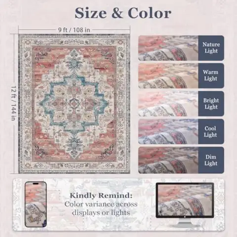 Stora bohemiska mattor 9x12 för sovrum, flickor, lekrum, slitna medaljongtryck, retro stora mattor för vardagsrum, tvättbara 12 best sales boho matta - №8