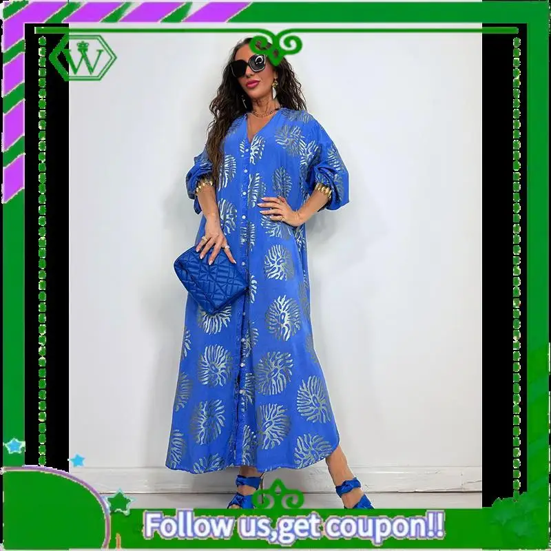 A18P-Abito Boho da donna con stampa floreale, spacco laterale, profondo scollo a V, maniche corte, maxi abito a trapezio, maxi abiti fluidi