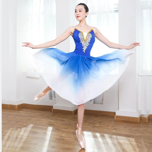 Lange Volwassen Vrouwen Kinderen Ballet Tutu Jurk Gradiënt Moderne Dans Kostuums Prestaties Ballerina Chiffon Ballet Jurk