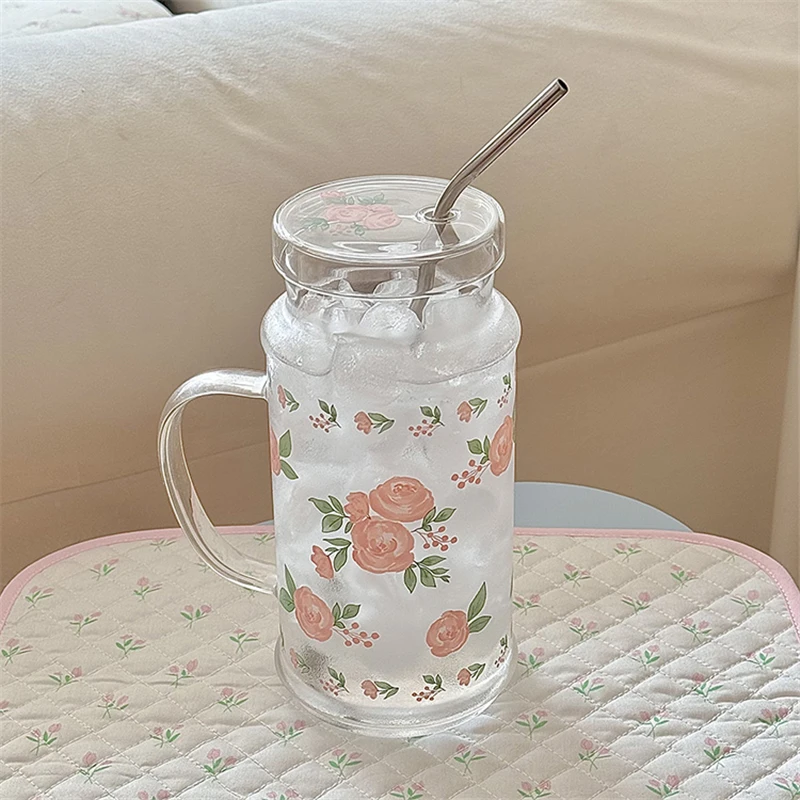 French Style Glass Suction Tube Cup Elegant Pink Rose Large Capacity Juice Drink Cup Girl Outdoor Office Cold Summer Drinks Cup