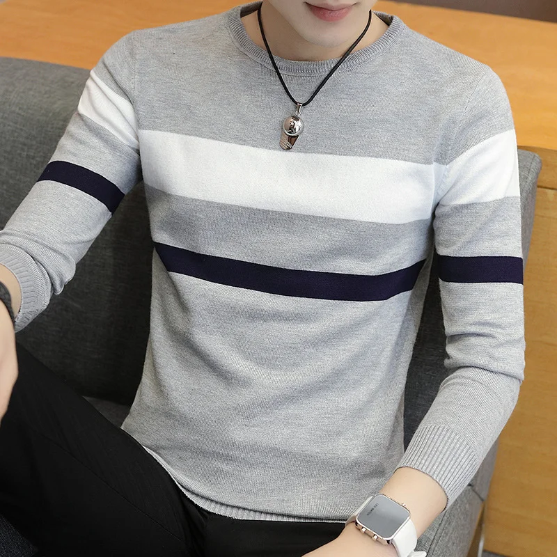 

Thin Long Sleeve Knitwear Spring Autumn New Season Mens Crew Neck Striped Color Block Sweater Versatile Base Layer Shirt