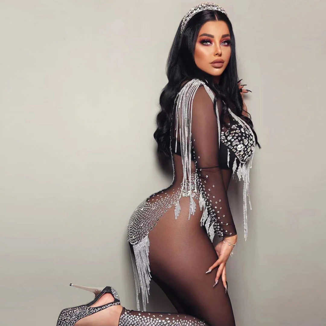 Women Sparkly Crystals Chains Tight Fitting Jumpsuit Sexy Stage Performance Dancer Outfit Nightclub Party Dance Pantyhose Heiyin