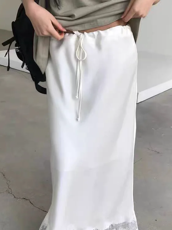 Elegant Lace Splice Satin Half Skirt Women's Summer Fashionable A-Line Skirt Back Split Loose Fit Breathable Polyester Fiber