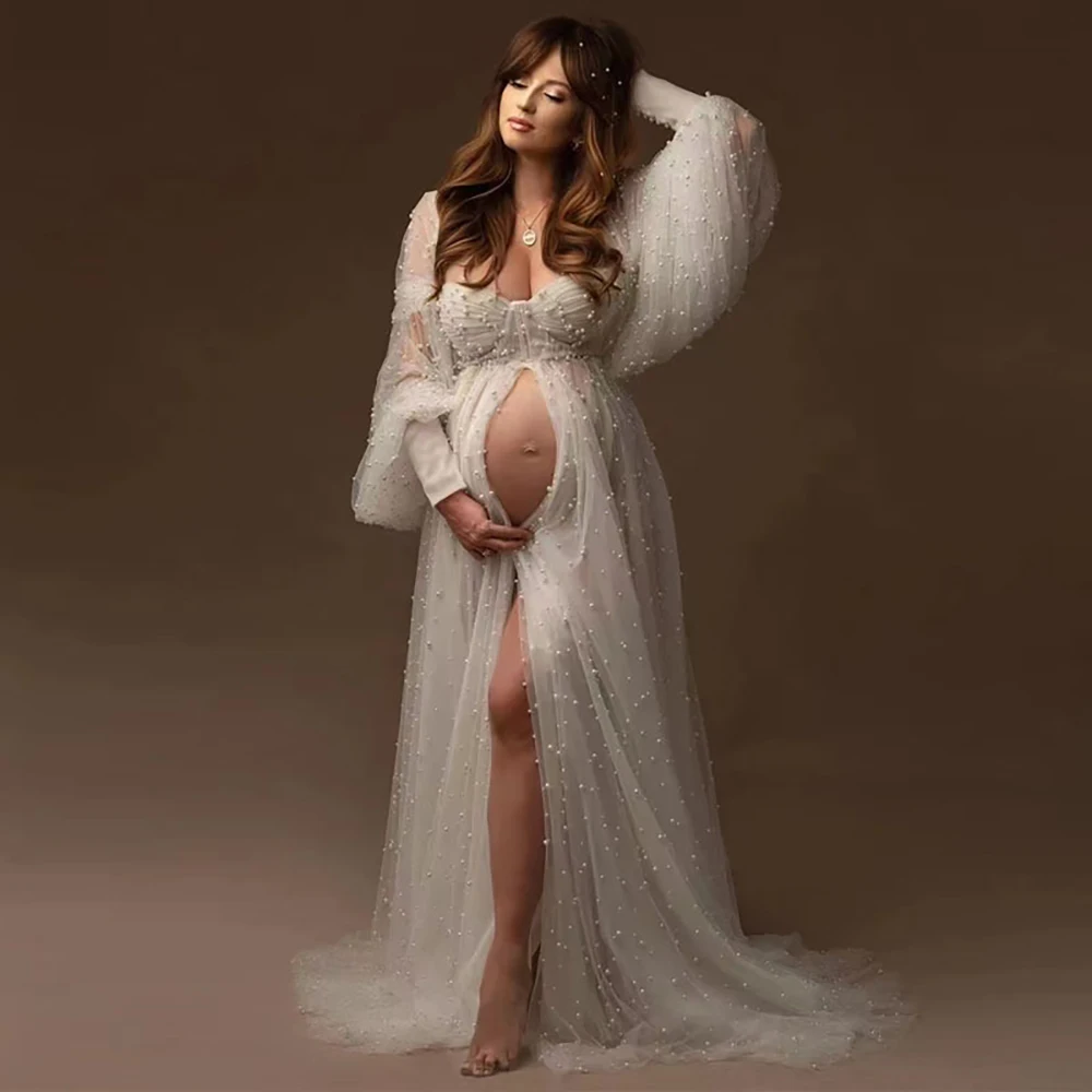 Generous Nightgown Maternity Gown for Photography Off-Shoulder Sweetheart Bridesmaid Gown Pearls Pregnancy Wear Customized