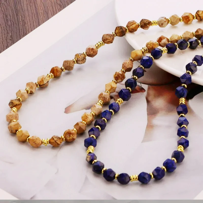 

Middle Vintage Retro Shape Cutting Surface Matte Lapis Lazuli Beaded Necklace for Women Wood Grain Stone High-end New Necklace