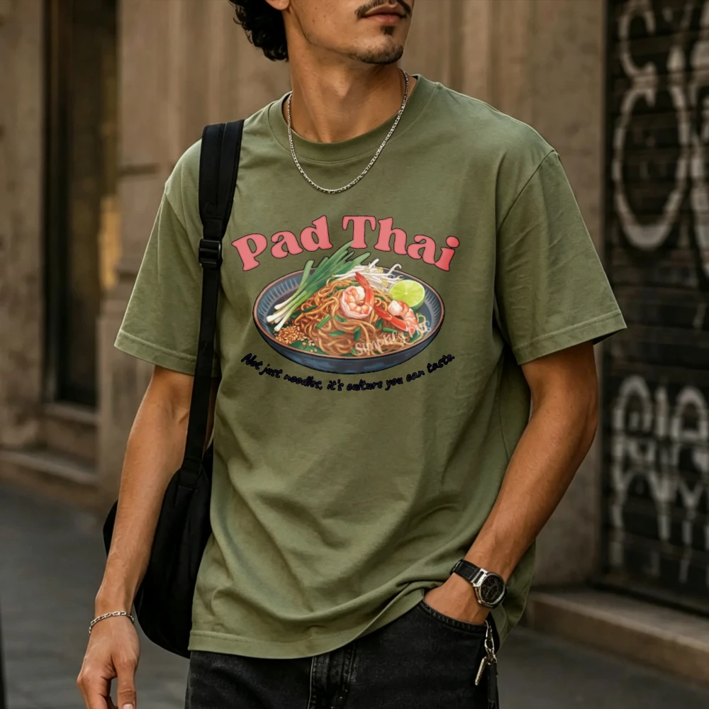 Watercolor Pad Thai Food Illustration Short Sleeve Crew Neck Cotton T Shirt Relaxed Fit Noodles Shrimp Lime Green Onions Tops