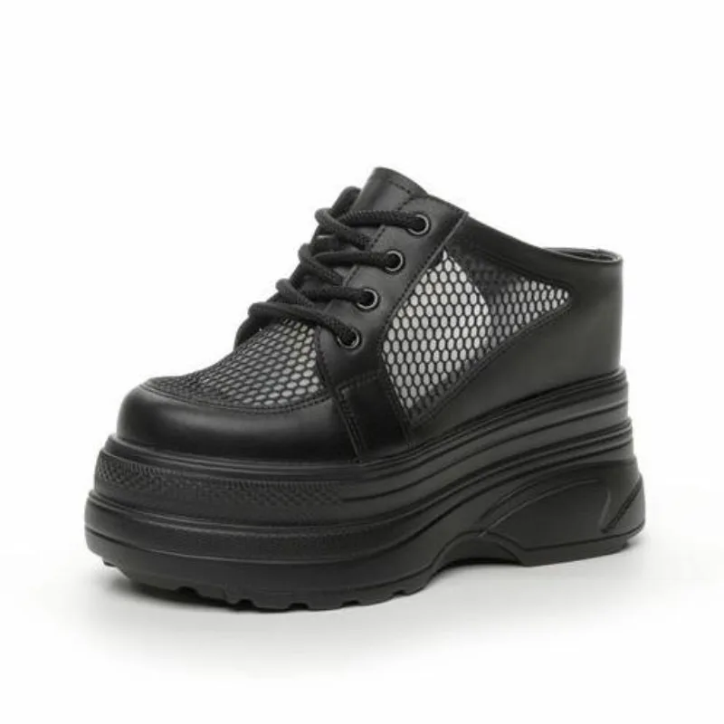 

Genuine Leather Casual Wedges Thick Platform Sandals New Women Stage Performance High Heels 10CM Summer Mesh Breathable Shoes