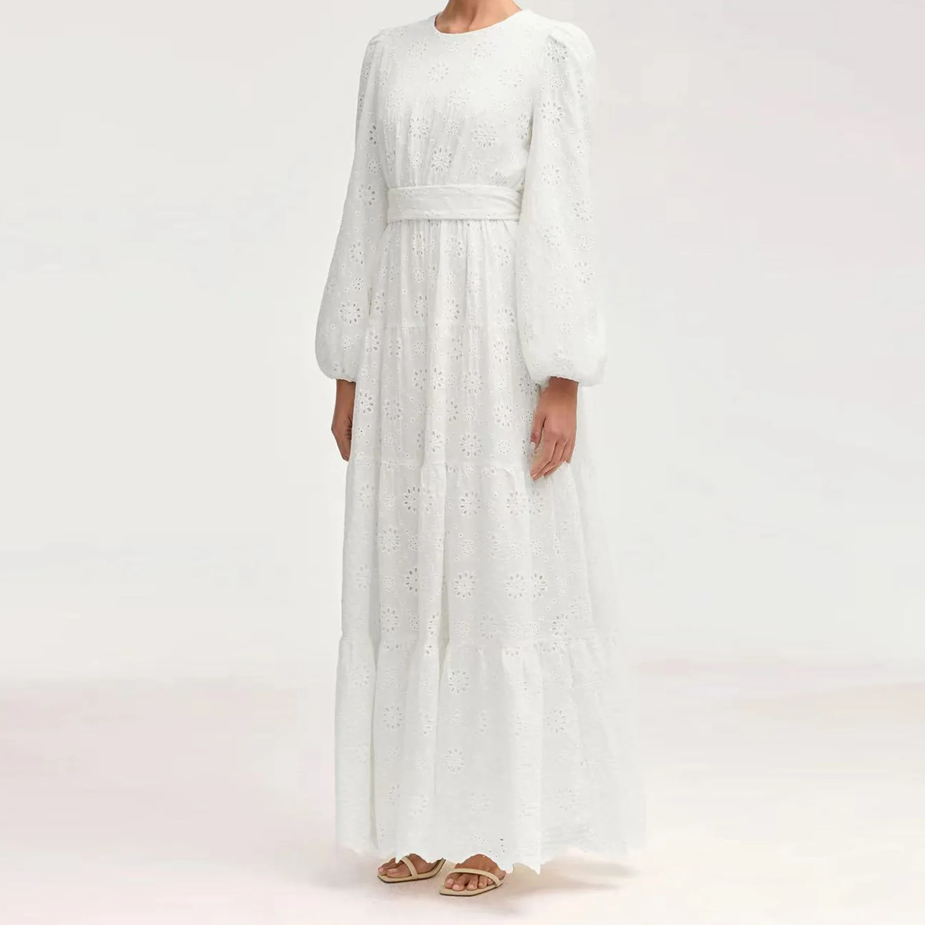 FW25 MIZON novo vestido feminino de algodão branco estilo fada de manga comprida com bordado requintado e floral recortado e cinto