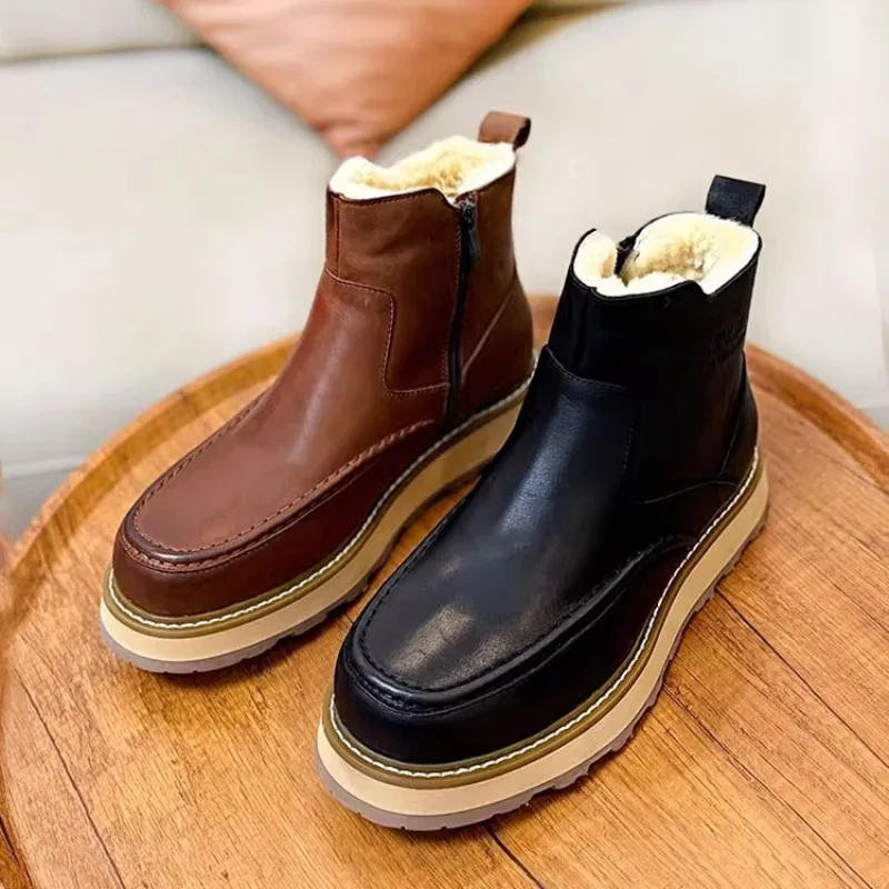 

Genuine Leather Thick Plush Casual Sport Ankle Boots Male Work Chelsea Boots British Style Snow Boots Men Winter Cotton Shoes