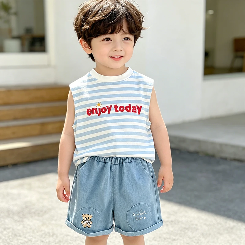 2Pcs Toddler Kids Summer Outfit Set Striped Sleeveless Tank Top Bear Embroidered Denim Shorts Casual Baby Boys Girls Clothes