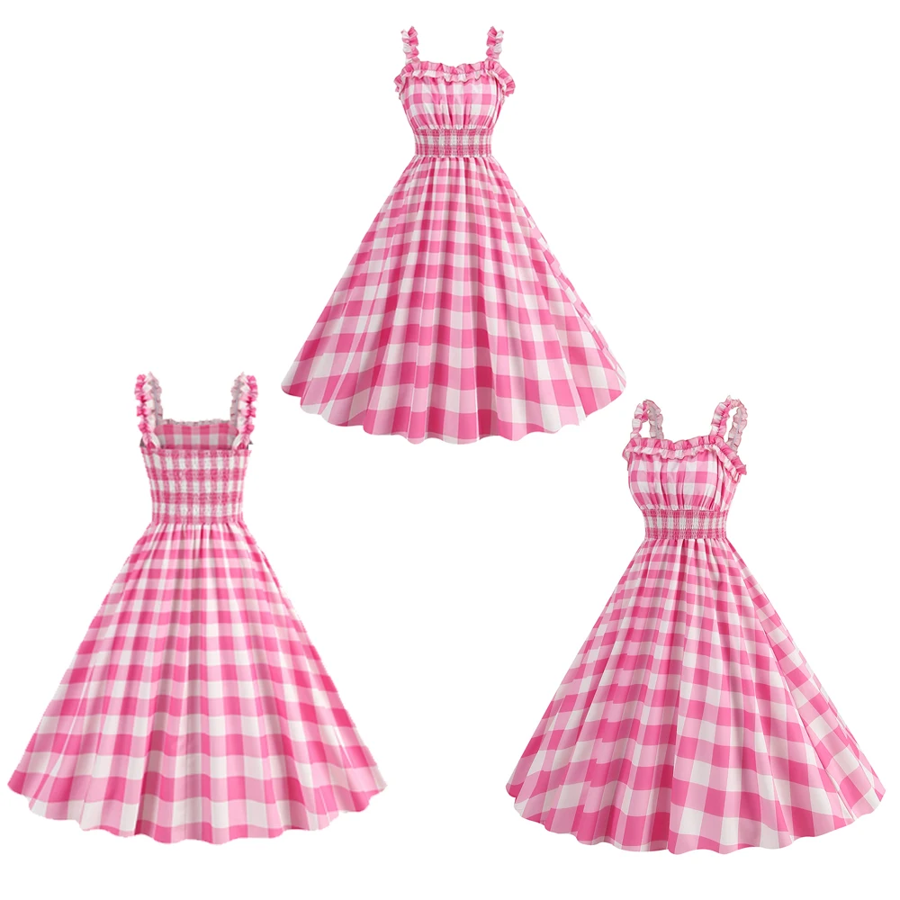 Fantasy Margot Cosplay Fantasia Pink Plaid Lace Large Skirt Hem Dress Movie Barbei Costume Women Halloween Carnival Party Cloth