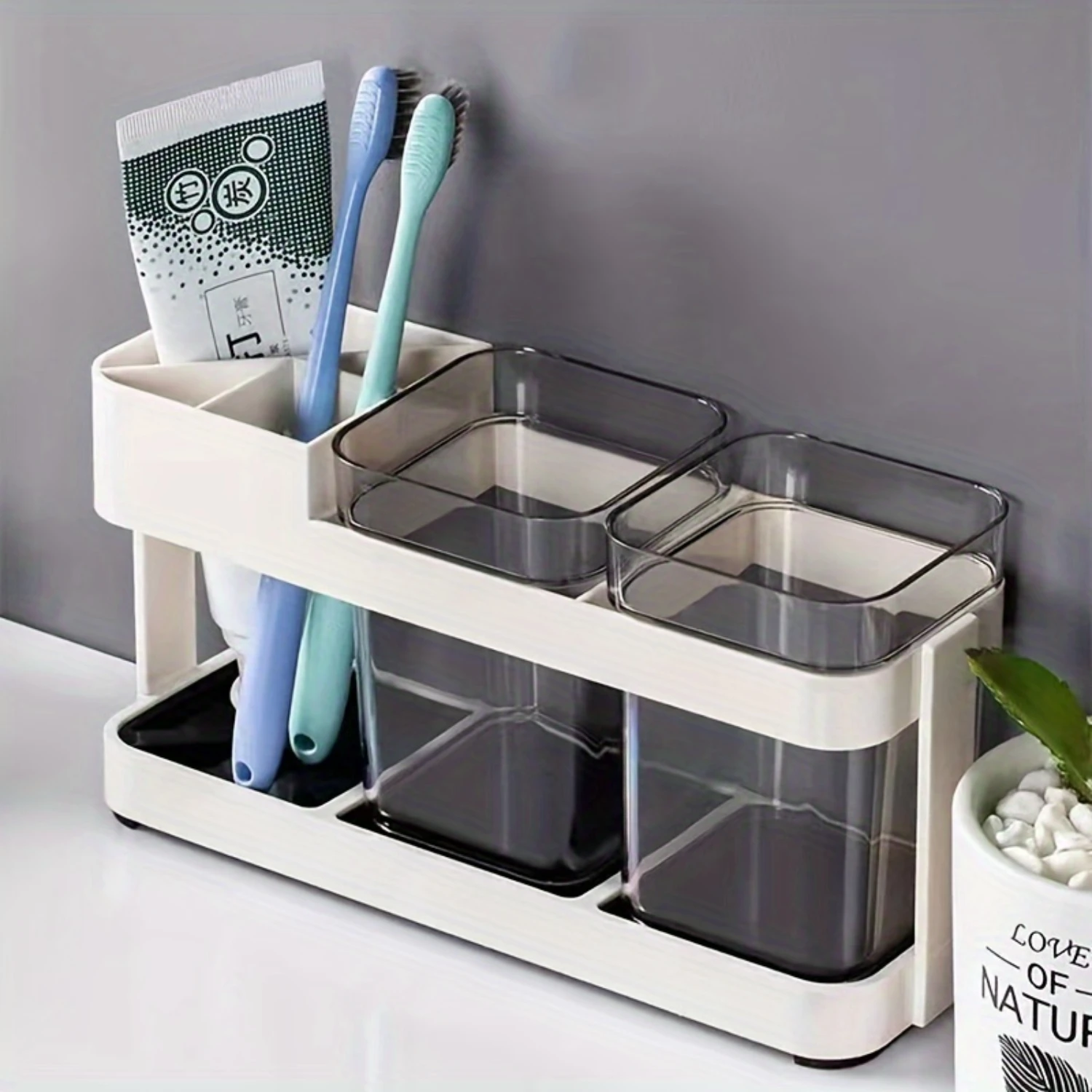 Premium Toothbrush Holder Set - Stylish 2-Cup Organizer with Freestanding Base, Multifunctional for Toothbrushes & Toothpaste, D