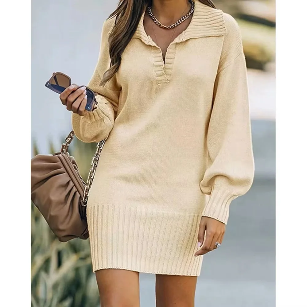 

Autumn Women Lantern Sleeve Knit Sweater Dress New Fashion Femme Casual Dress Lady Robe Clothing