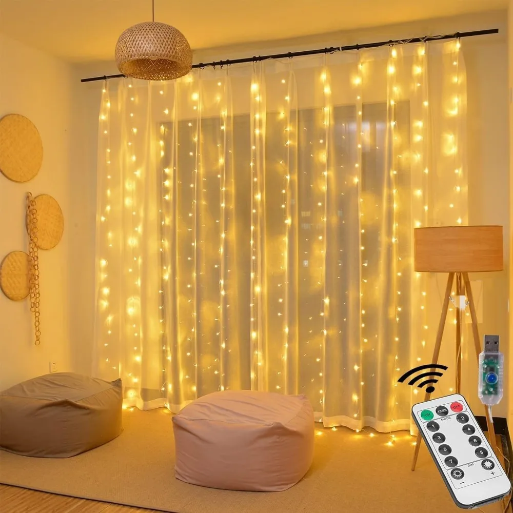 

USB Powered Christmas Fairy Curtain Lights with Remote 8 Modes for Holiday Bedroom Wedding Xmas Tree and Window Decorations