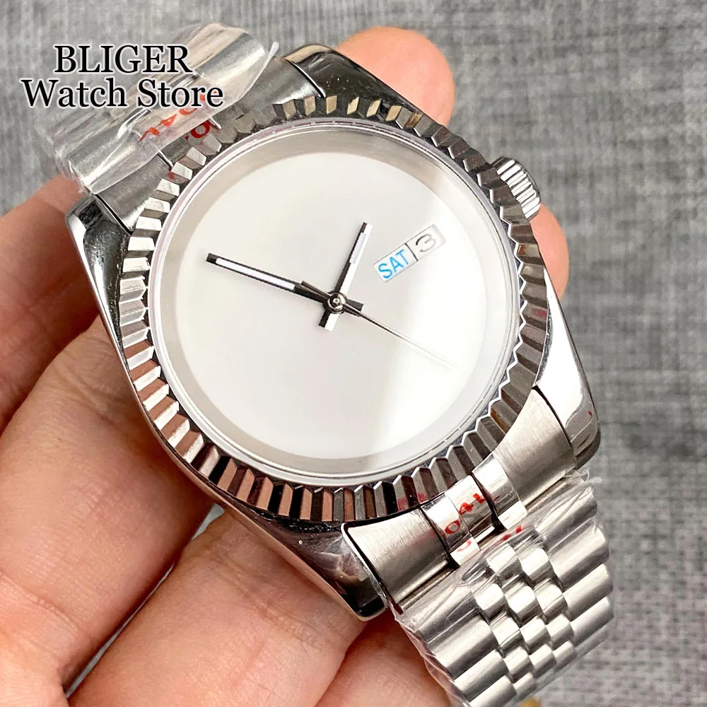 BLIGER 36mm 39mm Polished Bezel NH36A Automatic Men Watch Sterile White Dial Week Date Display Steel Bracelet Sapphire Glass