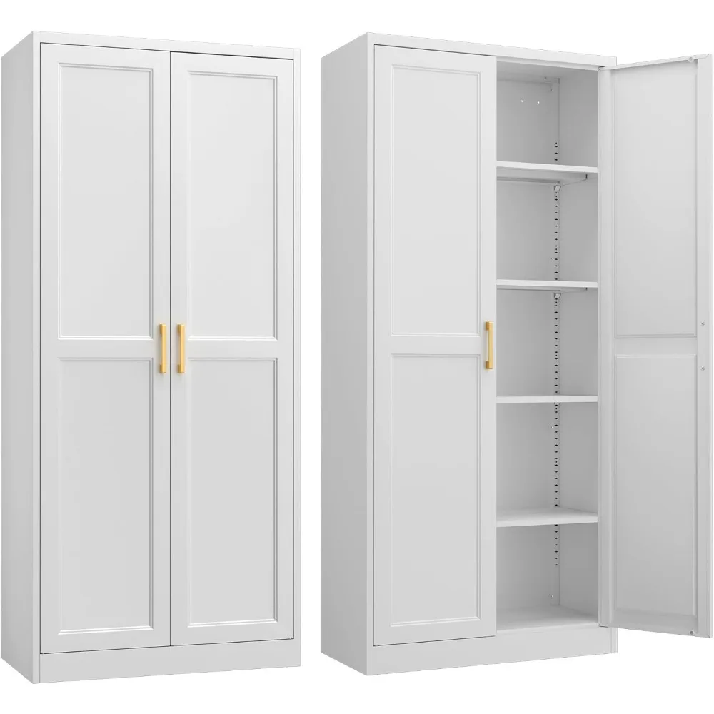 Kitchen Pantry Cabinet,71”White Metal Pantry Storage Cabinet with  Adjustable Shelves,Kitchen Cabinets with 2 Gold Handles