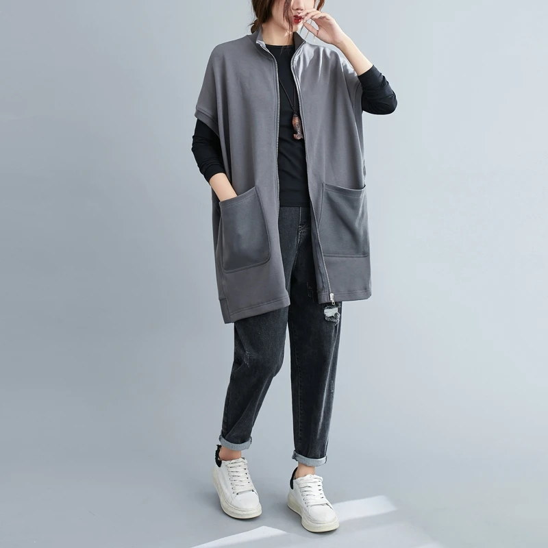 plus Size Women's Loose Korean Sle Zipper f High Collar Sweatirt Vest Long Svel Jaet Trendy Cotton Blend