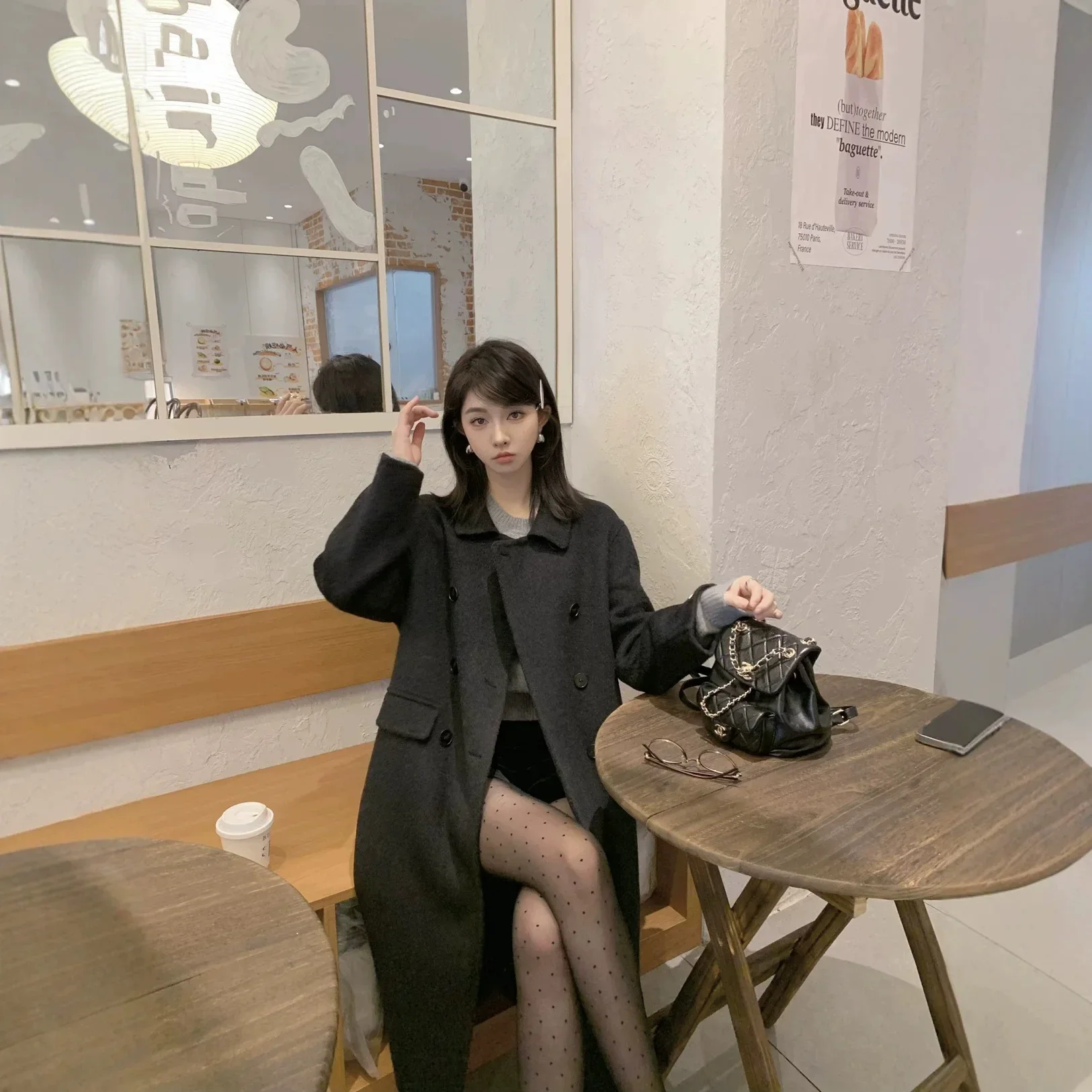 New double-sided wool coat for women's medium and long straps, double-breasted loose Korean wool coat for women